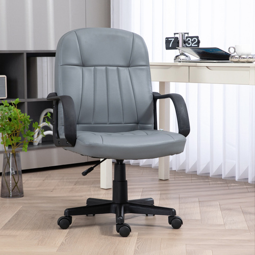 HOMCOM Desk Chair, PU Leather Computer Office Chair with Adjustable Height, Swivel Wheels for Home Work Study, Grey