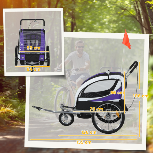 HOMCOM Baby Bike Trailer with 5 Point Harness, Steel Frame, Reflectors, Safety Flag, Hitch Coupler, Purple