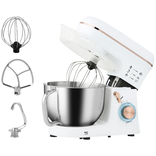 HOMCOM Stand Mixer, 5L Food Mixer for Baking, 6 Speeds and Pulse Setting, 1400W Cake Electric Kitchen Mixer with Dough Hook, Whisk, Stainless Steel Bowl, Splash Guard, Beater, White