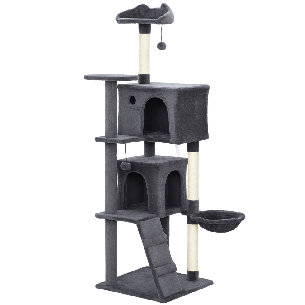 PawHut 160cm Large Cat Tree Tower with Sisal Scratching Posts, Condos, Plush Perches, Hammock, Ladder, Dark Grey