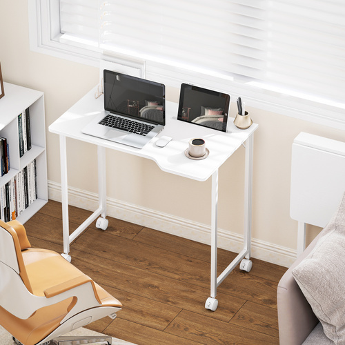 HOMCOM Small Folding Desk, with Wheels - White Wood-Effect