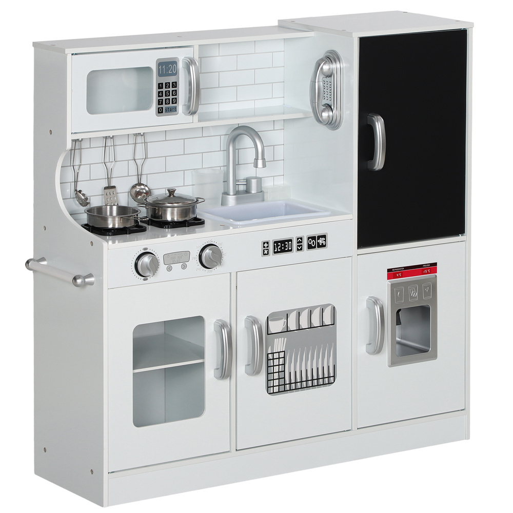AIYAPLAY Pretend Play Kitchen, Kids Kitchen Playset, with Toy Phone, Chalkboard, Microwave, Cooking Stove, Sink, White