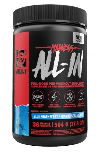 Mutant Madness All-In Blue Sharkberry Pre-Workout Supplement for Strength and Muscle Growth 504g