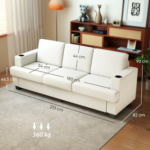 HOMCOM 3 Seater Sofa with USB Ports & Cup Holders - Cream White