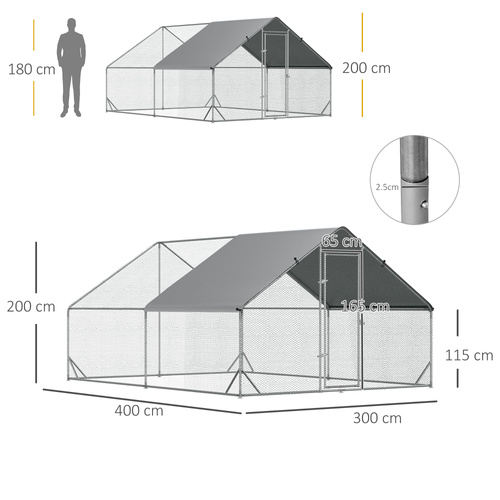 PawHut Chicken Walk-in Run, Galvanised Chicken Coop, Hen Poultry House Cage, Rabbit Hutch Pet Playpen Garden w/ Water-Resist Cover, 3 x 4 x 2m