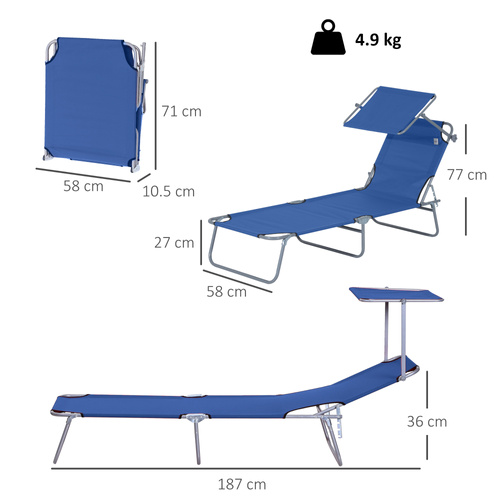 Outsunny Single Sun Lounger, with Awning and Reclining Back - Blue
