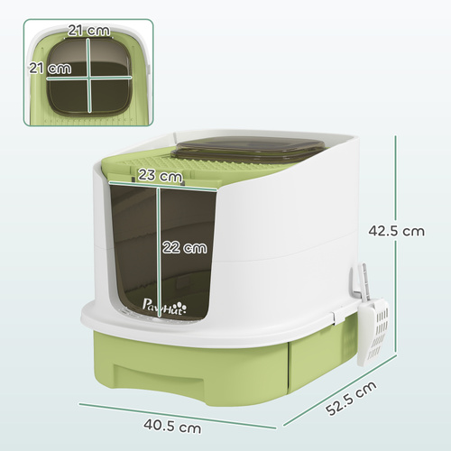 PawHut Cat Litter Box with Lid, Scoop, Deodorisation Bags, Top Entry, Green