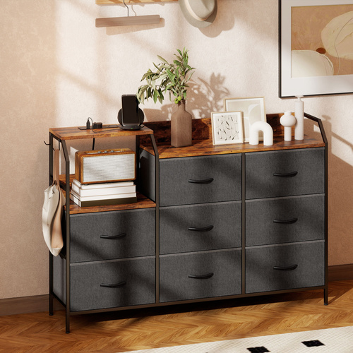 HOMCOM Chest of Eight Drawers, with Charging Station - Brown/Black