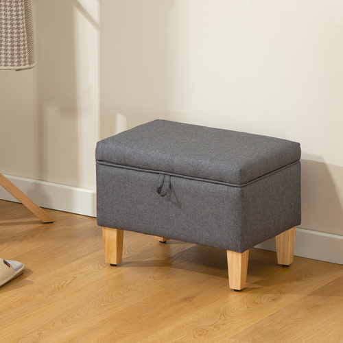 HOMCOM 16L Linen Storage Ottoman Padded Footstool with Rubberwood Legs for Storage Box, Bed End, Shoe Bench, Seating, Charcoal Grey