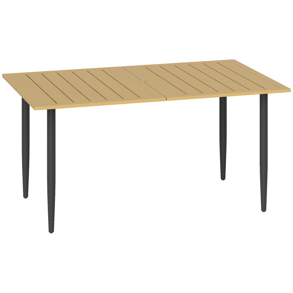 Outsunny Garden Dining Table, 150 x 90 cm Rectangle Outdoor Table with 5 cm Parasol Hole, Slatted Tabletop and Steel Frame for Patio Balcony, (Table Only) Brown
