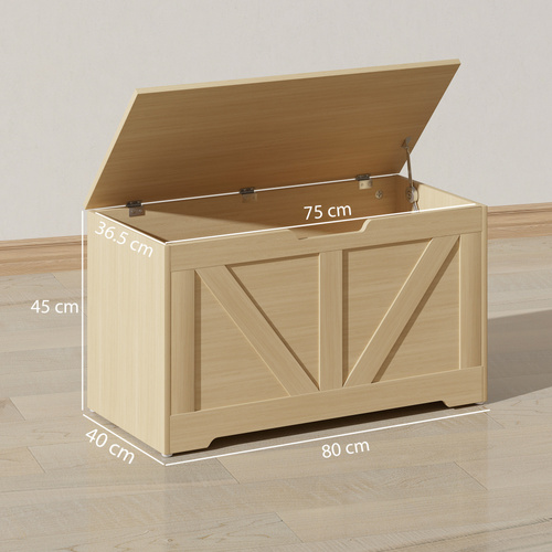 HOMCOM 100L Home Storage Box, with Safety Hinges - Natural Wood Finish