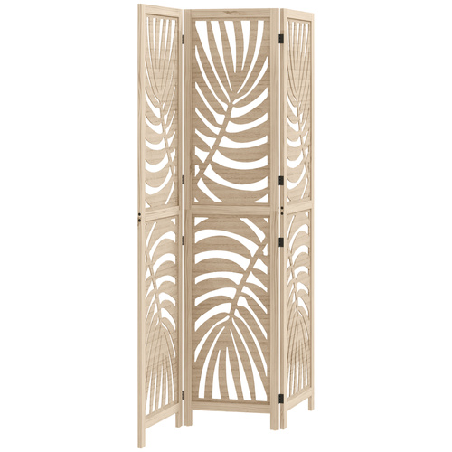 HOMCOM 3 Panel Room Divider, Detachable Folding Privacy Screens with Palm Leaf Design for Home Office, Natural Wood Finish