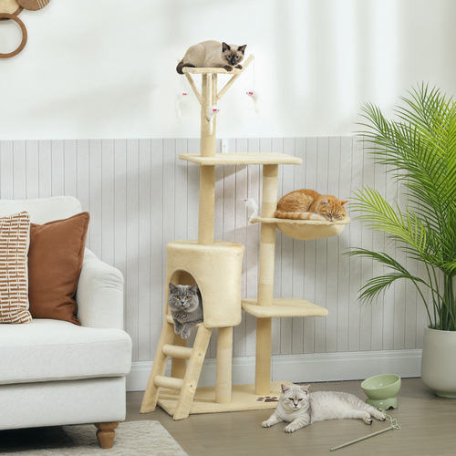 PawHut Multi-Level Cat Tower, 134cm Cat Tree with Condo and Sisal Scratching Posts for Indoor Kittens, Beige
