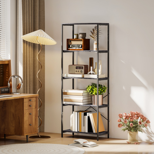 HOMCOM 5-Tier Bookshelf, Industrial Bookcase with Metal Frame - Dark Grey and Black