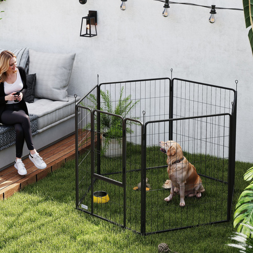 PawHut 6 Panels Dog Playpen, Portable Detachable Puppy Pen with Door, for Large Dogs, 100cm High, Grey
