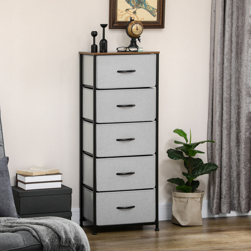 HOMCOM Fabric Chest of Drawers, Industrial Bedroom Dresser with 5 Fabric Drawers, Steel Frame and Wooden Top for Nursery, Living Room, Hallway, Grey