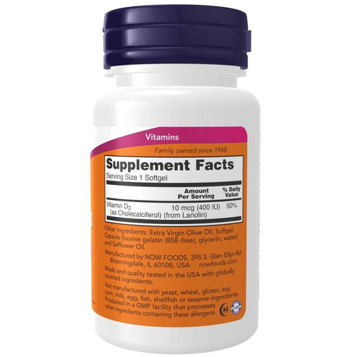 Now Foods Vitamin D-3 400 IU Wspiera Odporność Zdrowie Kości i Mięśni oraz Pracę Mózgu 180 Kapsułek