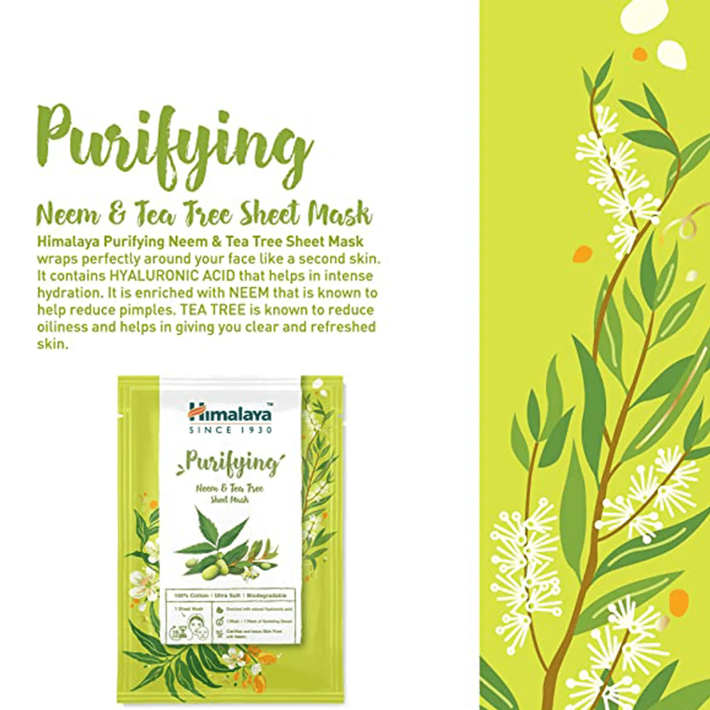 Himalaya Purifying Neem & Tea Tree Sheet Mask with Neem and Tea Tree Oil for Acne-Prone Oily Combination Skin 30ml