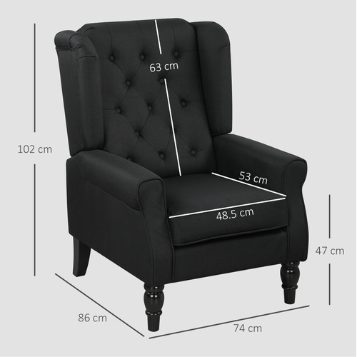 HOMCOM Retro Accent Chair, Linen Wingback Armchair with Wood Frame Button Tufted Design for Living Room Bedroom, Black