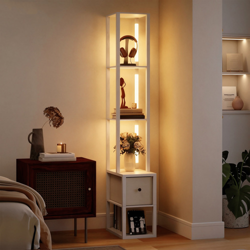 HOMCOM Floor Lamp with Shelves, LED Column Modern Standing Lamp with Fabric Drawer, Adjustable Brightness, Foot Switch for Living Room, Bedroom, Office, White