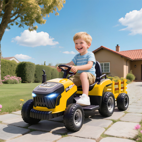 AIYAPLAY 12V Ride on Tractor and Trailer with Remote Control, Music, Shifter, Start-Up Sound, for Kids Ages 3-8 Years, Yellow