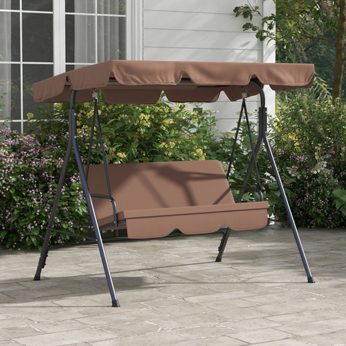 Outsunny 3 Seater Garden Swing Chair, Outdoor Swing Chair with Adjustable Canopy, Mental Frame & Cushions, Brown