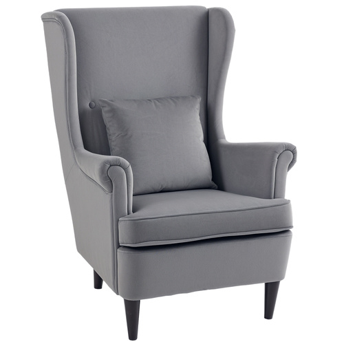 HOMCOM Modern Accent Chair, Upholstered Wingback Armchair with High Backrest and Pillow, Velvet-Feel Fabric Reading Chair with Solid Wood Legs for Living Room, Bedroom, Home Office, Dark Grey
