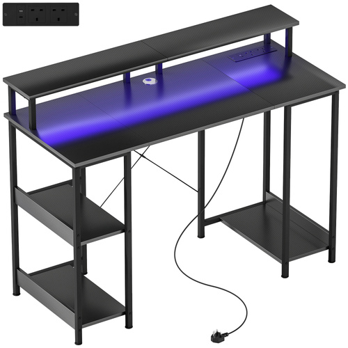 HOMCOM LED Computer Desk, with Power Outlets and Shelves - Carbon Fibre Grey