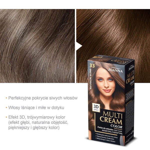 Joanna Multi Cream Color Farba do Włosów z Efektem 3D z Długotrwałym Efektem Nr 33 Naturalny Blond 1 Sztuka