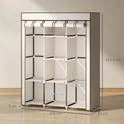 HOMCOM Fabric Wardrobe, with Rails and Shelves - Cream White
