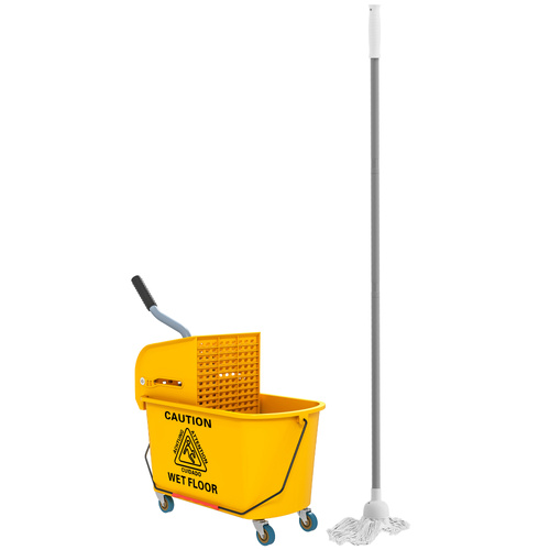 HOMCOM Mop Bucket with Wringer Set on Wheels for Floor Cleaning, 20 Litre Side Press Wringer with Handle and Mop, Yellow