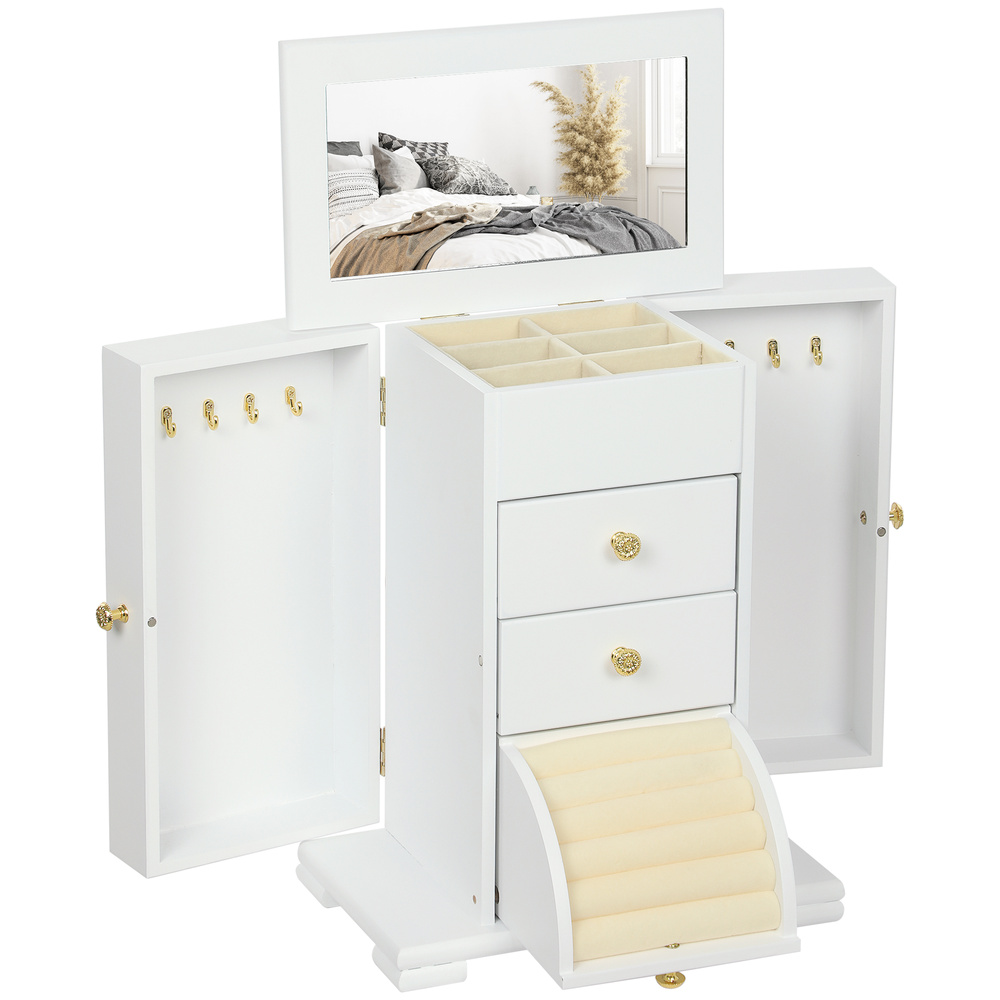 HOMCOM 4-Tier Jewellery Box with Mirror and 2 Drawers - White