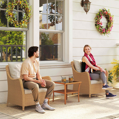 Outsunny Rattan Garden Chairs Set of 2, Outdoor Rattan Chairs with Cushions, Armrests and High Back, PE Wicker Garden Armchair with Steel Frame for Balcony, Porch, Beige