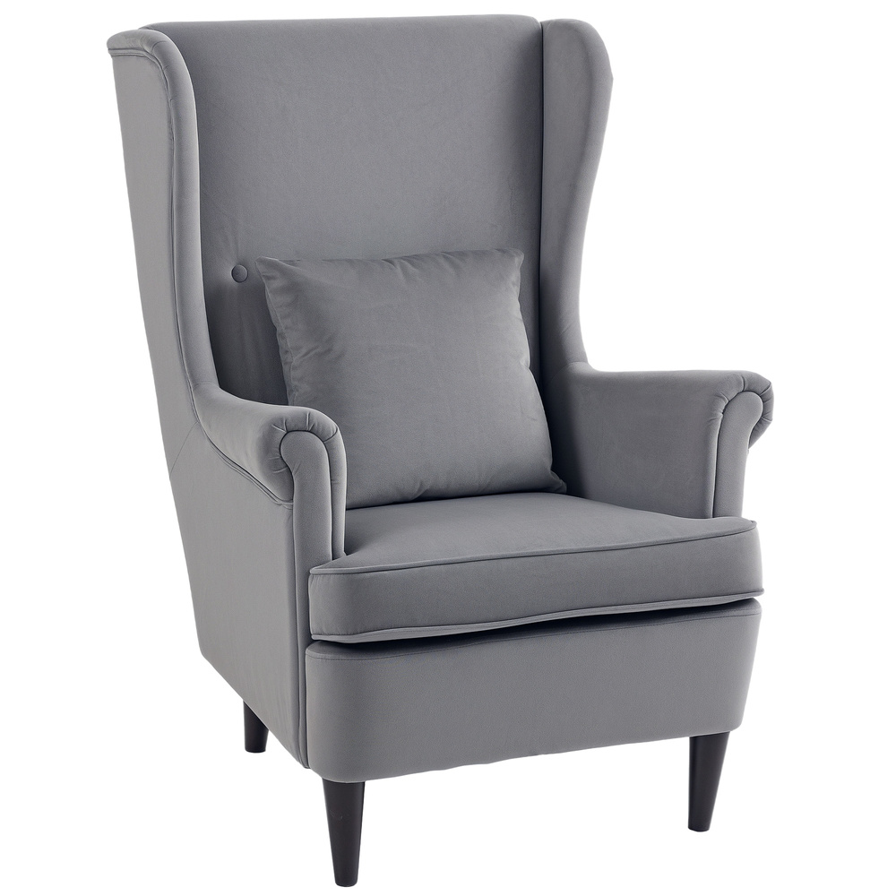 HOMCOM Modern Accent Chair, Upholstered Wingback Armchair with High Backrest and Pillow, Velvet-Feel Fabric Reading Chair with Solid Wood Legs for Living Room, Bedroom, Home Office, Dark Grey