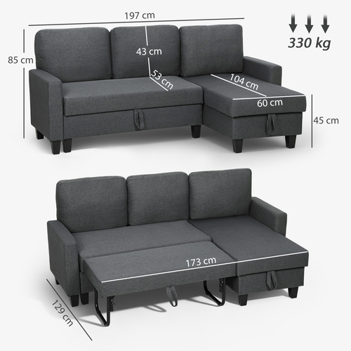 HOMCOM Three-Seater Storage Sofa Bed - Charcoal Grey