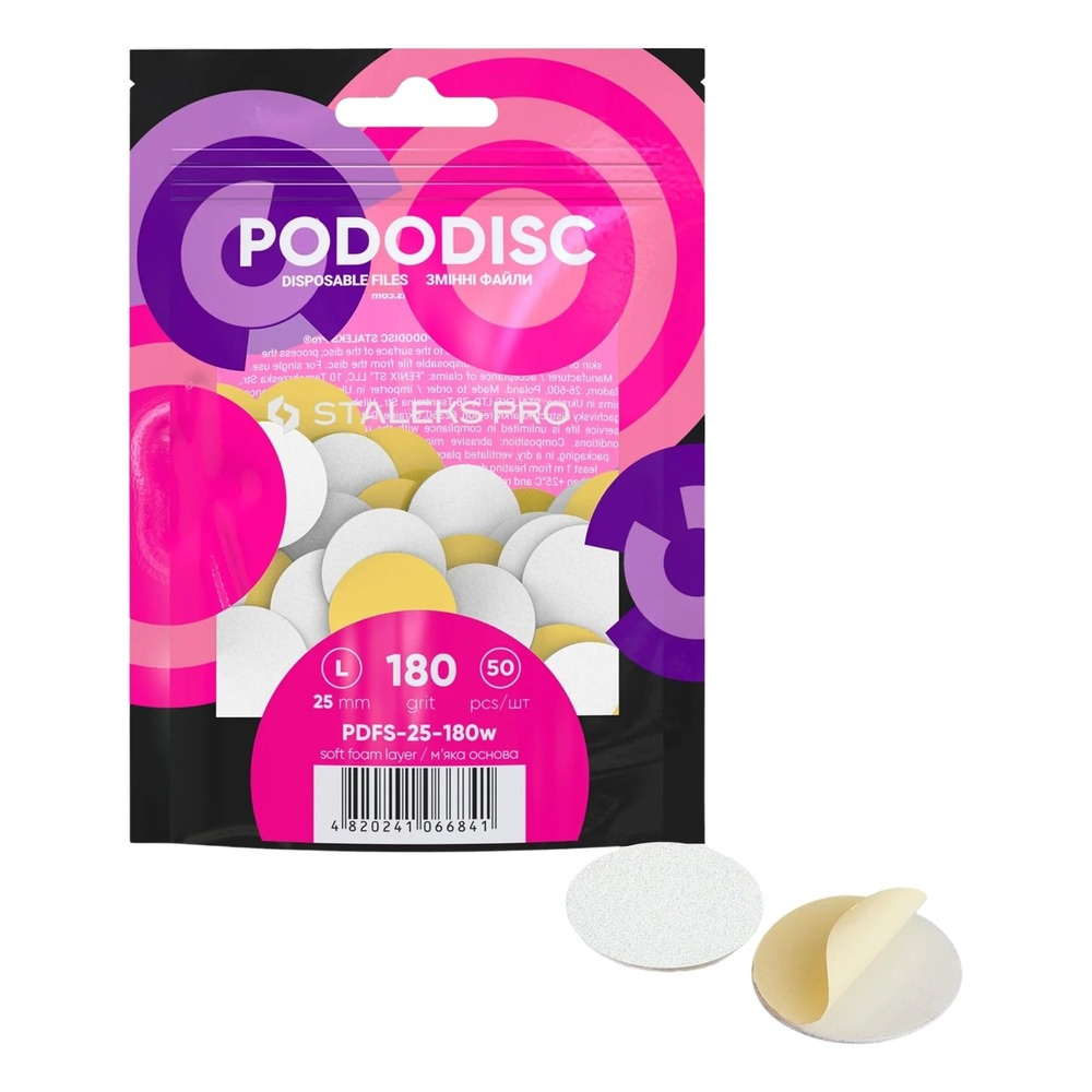 Staleks Pro Expert Pododisc Disposable Pedicure White Files Discs on Soft Foam Layer Size L 25mm Grit 180 50pcs