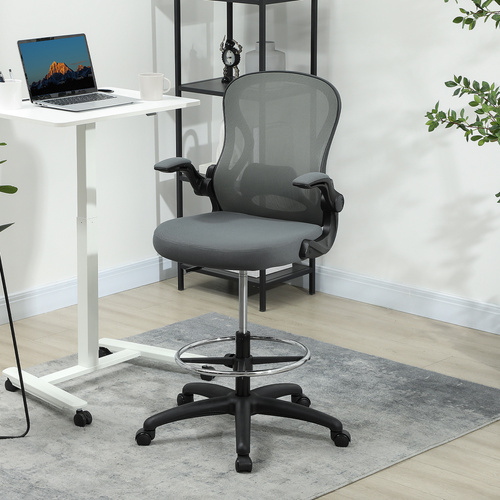 Vinsetto Drafting Chair, Ergonomic Tall Office Chair with Flip-up Armrests, Mesh Back, Lumbar Support, Adjustable Height and Foot Ring, Swivel Wheels, for Standing Desk, Charcoal Grey