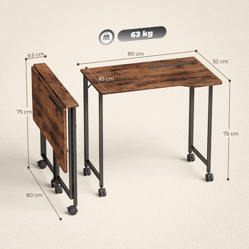 HOMCOM Folding Small Desk on Wheels - Rustic Brown