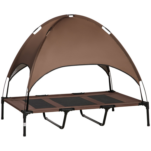 PawHut Raised Dog Bed Waterproof Elevated Pet Cot with Breathable Mesh UV Protection Canopy Brown, for XL Dogs, 122 x 92 x 108cm
