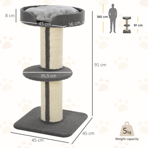 PawHut 91cm Cat Tree, Cat Tower with Scratching Post, Bed, Perch, Removable Cushion for Indoor Kittens, Grey