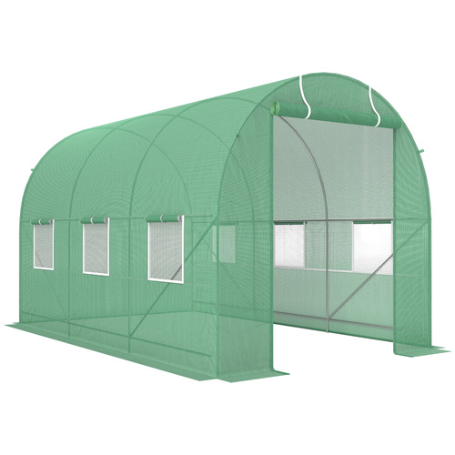 Outsunny 3.5 x 2m Walk-In Polytunnel Greenhouse, with Steel Frame, PE Cover, Roll-Up Door and 6 Windows, Green