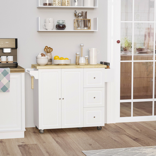 HOMCOM Kitchen Island on Wheels, Rolling Kitchen Storage Trolley with Drop Leaf, Drawers, Towel and Spice Rack, White