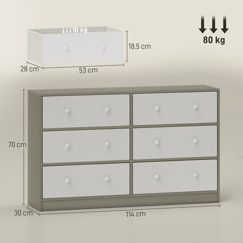 HOMCOM Chest of Drawers, Dresser with 6 Fabric Drawers - White and Grey