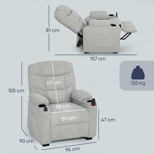 HOMCOM Electric Massage Recliner Armchair with Vibration, Heat, Whisper-Quiet Motor, Memory Function, Fleece Power Reclining Chair with Spring Pack, USB Port, Footrest, Side Pocket, Cup Holders, Grey