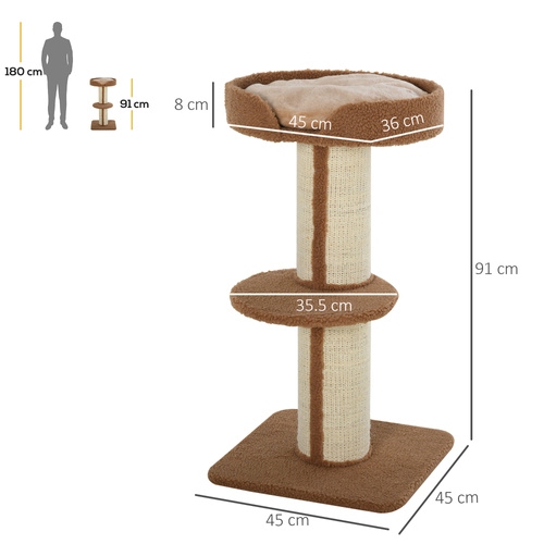 PawHut 91cm Cat Tree, Cat Tower with Scratching Post, Bed, Perch, Removable Cushion for Indoor Kittens, Brown