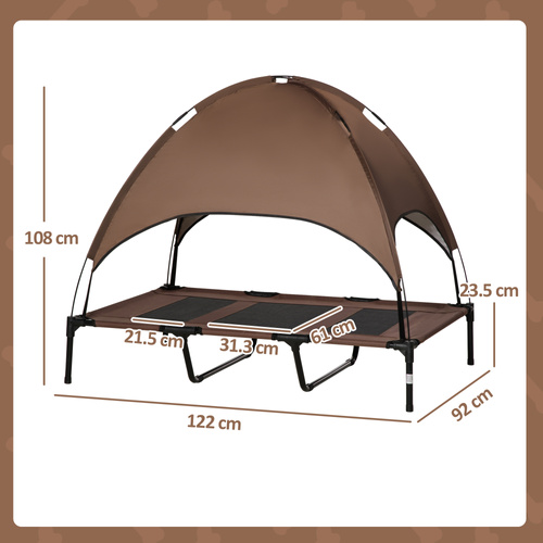 PawHut Raised Dog Bed Waterproof Elevated Pet Cot with Breathable Mesh UV Protection Canopy Brown, for XL Dogs, 122 x 92 x 108cm