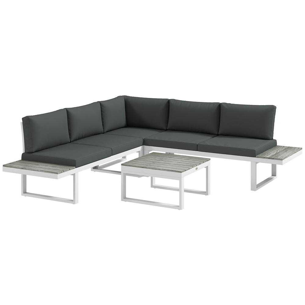 Outsunny 4 Pieces Garden Furniture Set, 5-Level Reclining Garden Corner Sofa Set, Outdoor Lounge Conversation Sectional with Cushions, Wood Effect Plastic Table, White Frame & Grey Cushion
