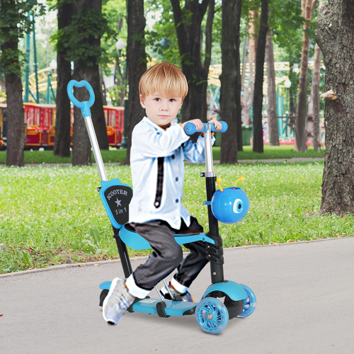 HOMCOM Adjustable Kids Toddler Scooter, with Removable Seat, Back Handle, Blue