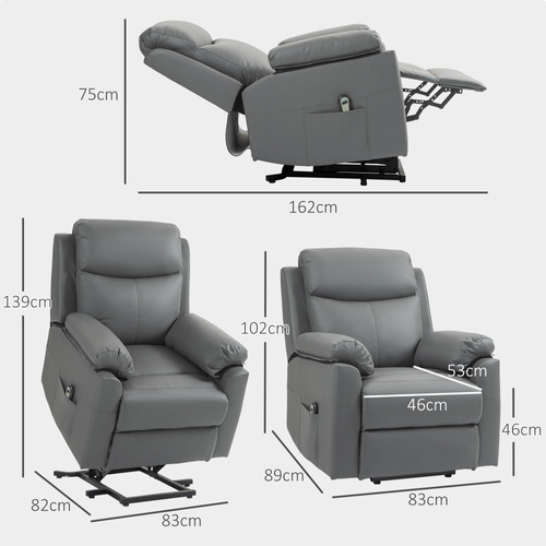 HOMCOM Faux Leather 70° Electric Riser Recliner Chair, Charcoal Grey