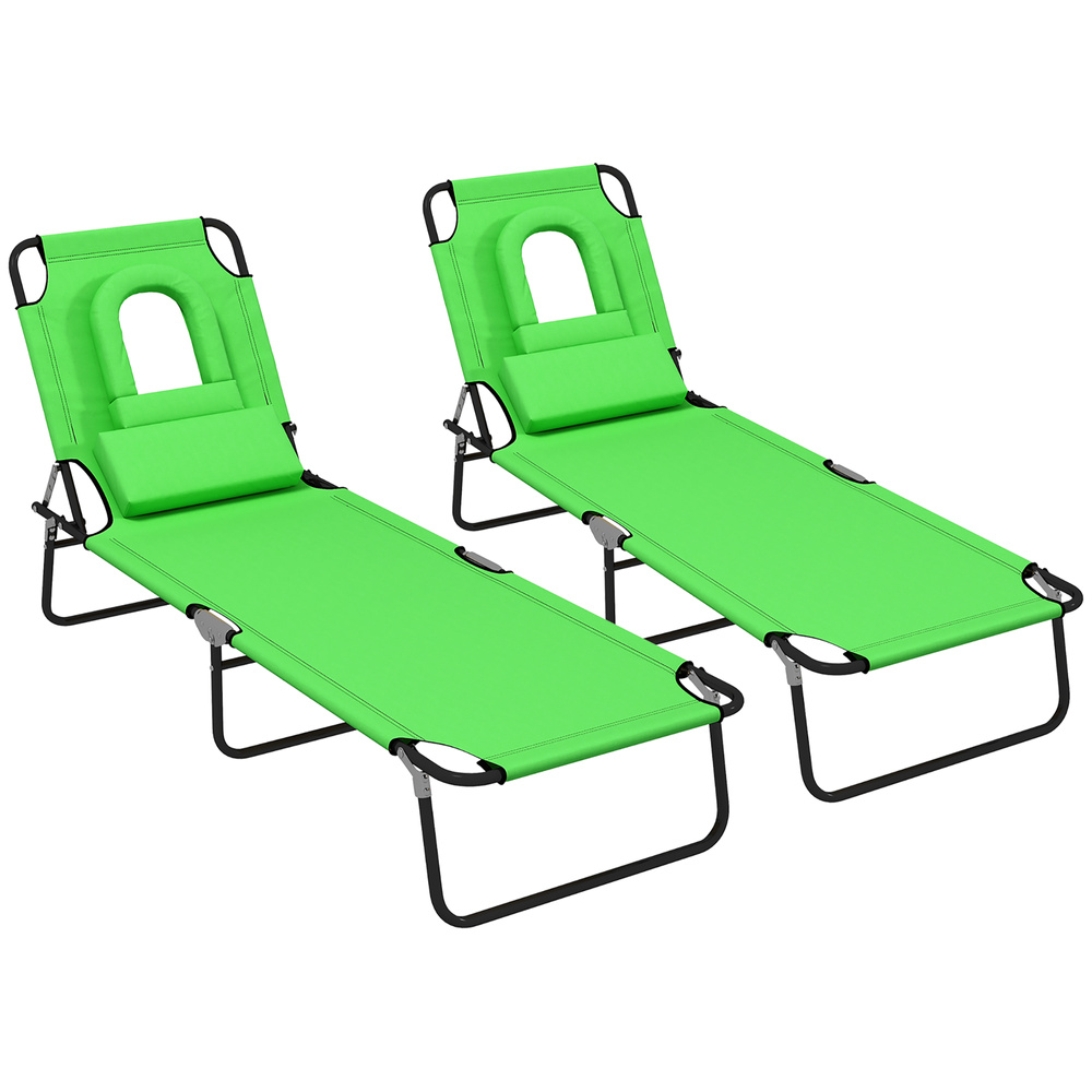 Outsunny Folding Sun Loungers Set of 2 with Face Hole, 4-Position Adjustable Backrest Garden Recliner Chairs Sunbeds, Outdoor Lounge Chairs with 600 D Oxford Cloth Seat, Pillow for Beach, Green